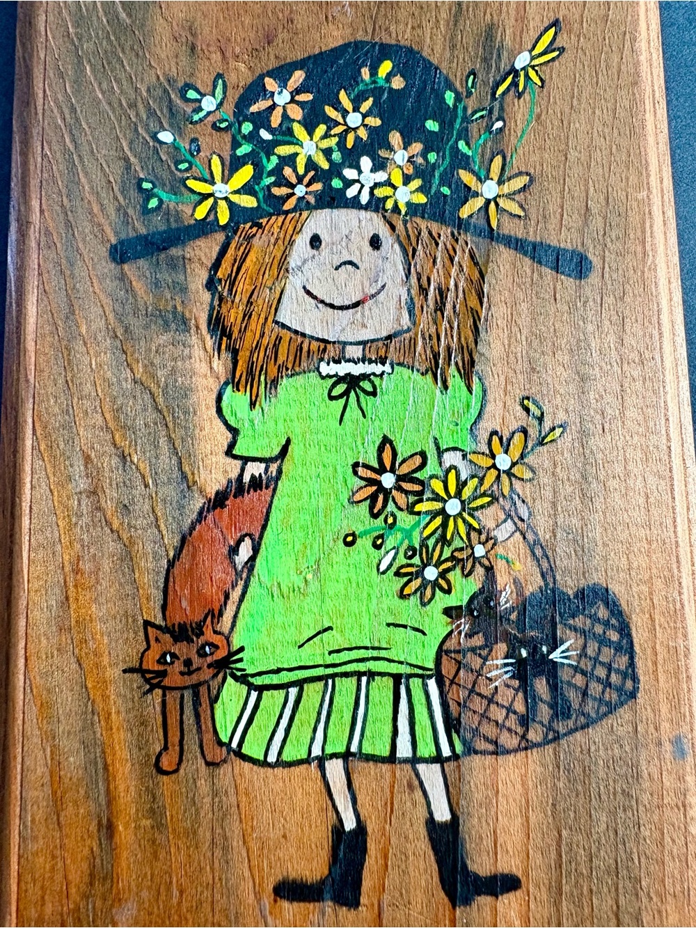 Original Artwork Hand-Painted Girl with Flowers Wood Plaque - Kitschy 70’s Folk